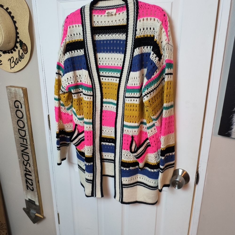 Bibi Multi Color Open Front Crochet Cardigan Swea… - image 3